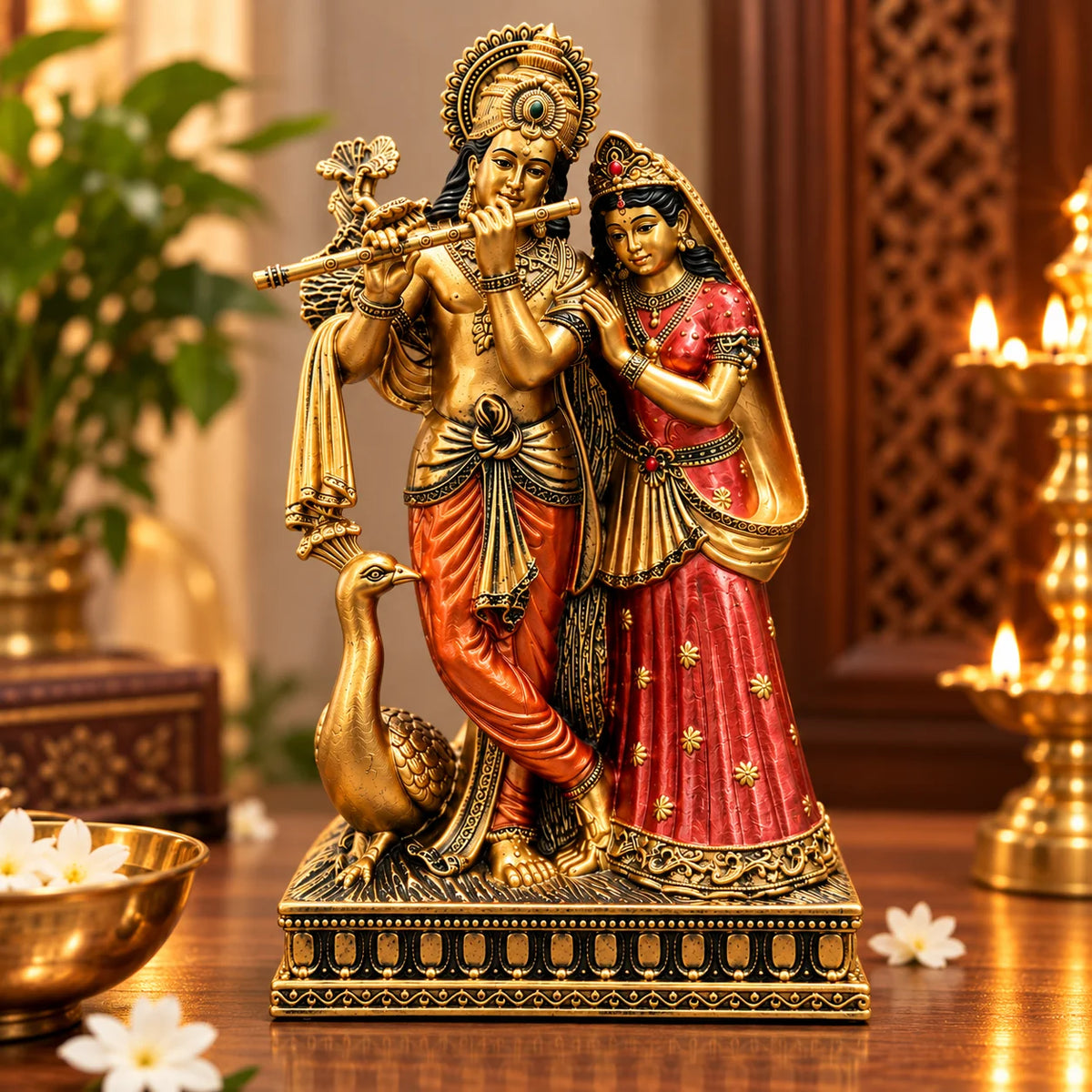Antique Golden Radha Krishna Statue with Flute and Traditional Red Attire