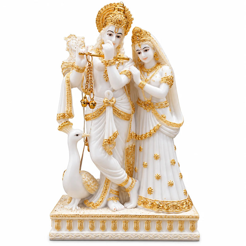 White & Gold Radha Krishna Idol with Peacock - Decorative Hindu God Statue