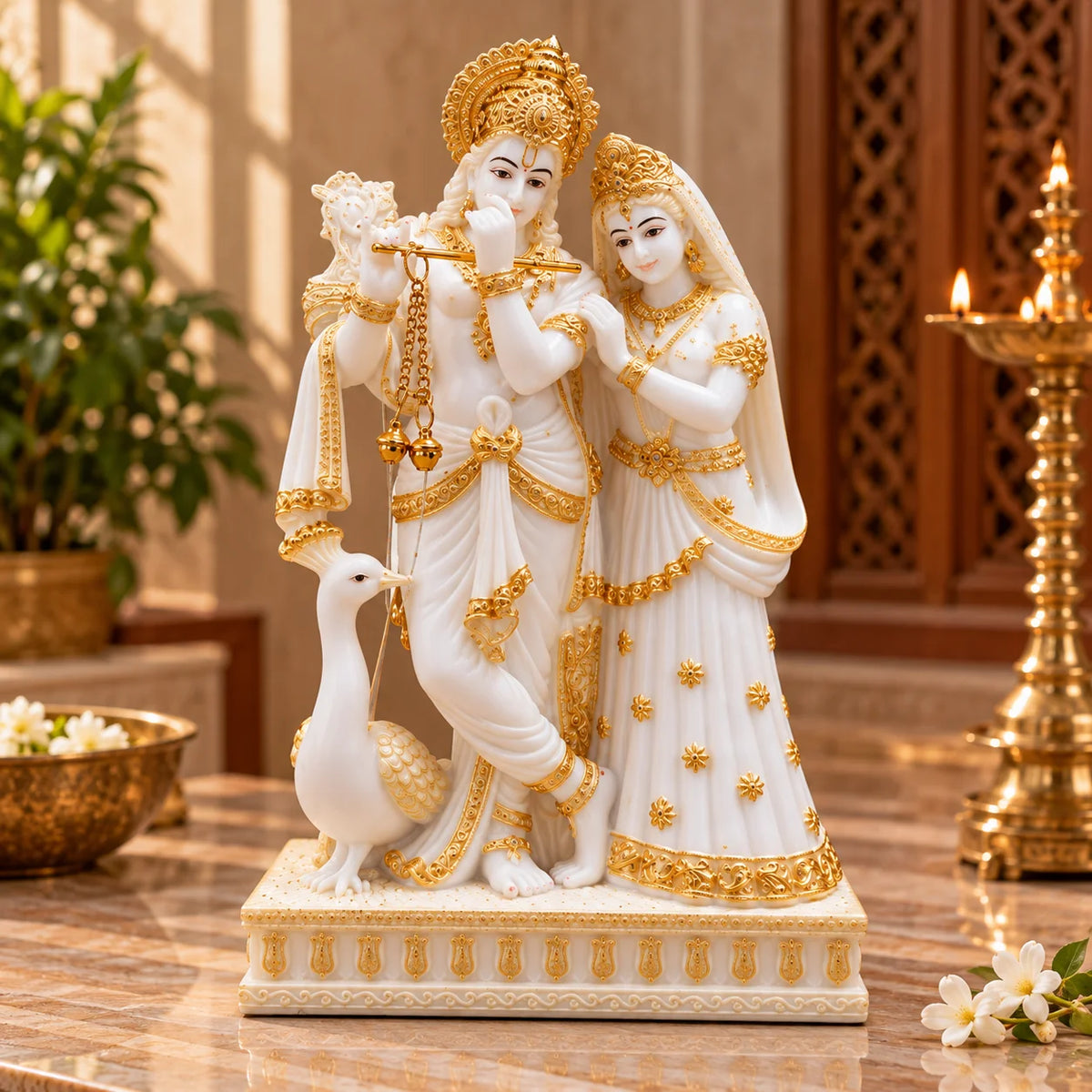 White & Gold Radha Krishna Idol with Peacock - Decorative Hindu God Statue