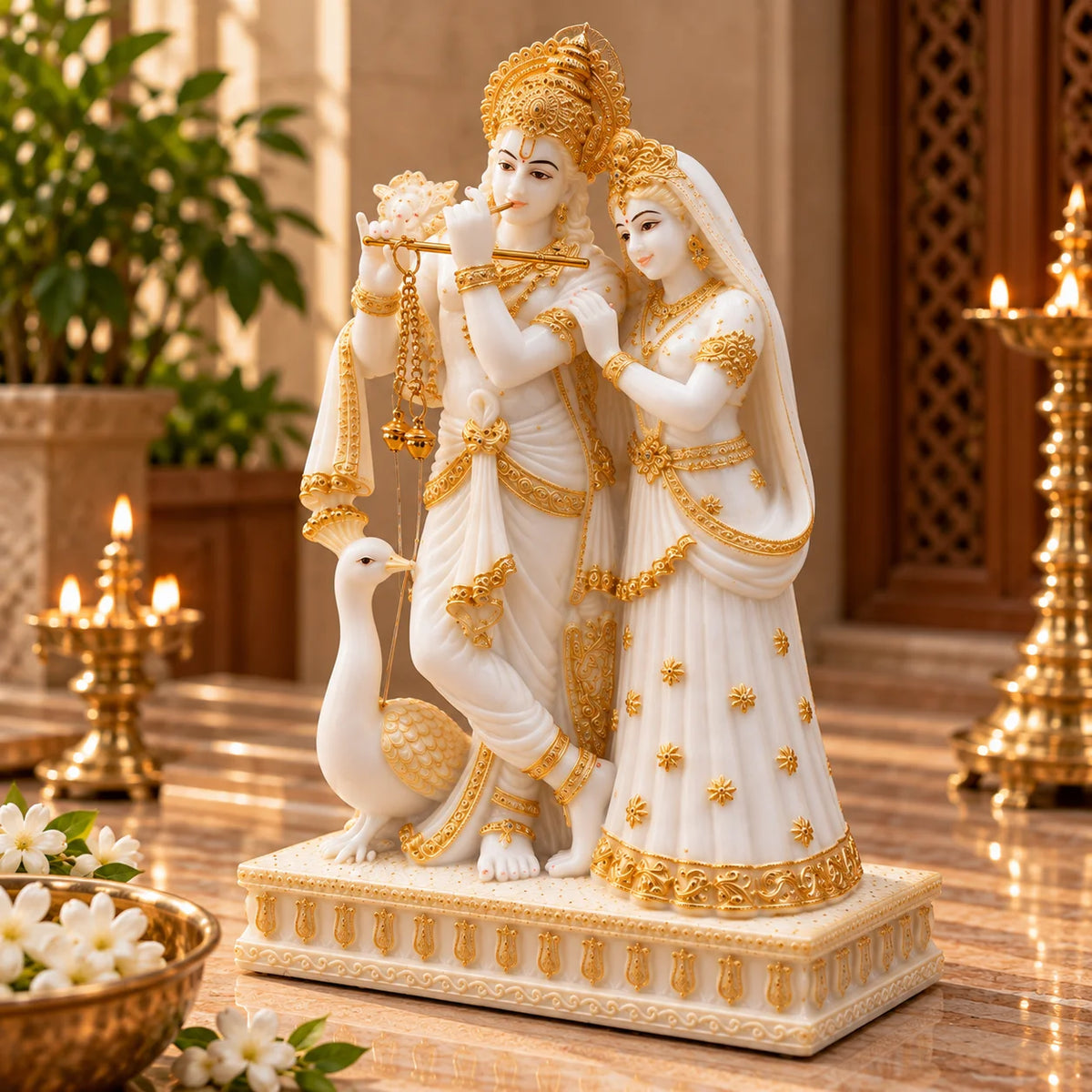 White & Gold Radha Krishna Idol with Peacock - Decorative Hindu God Statue