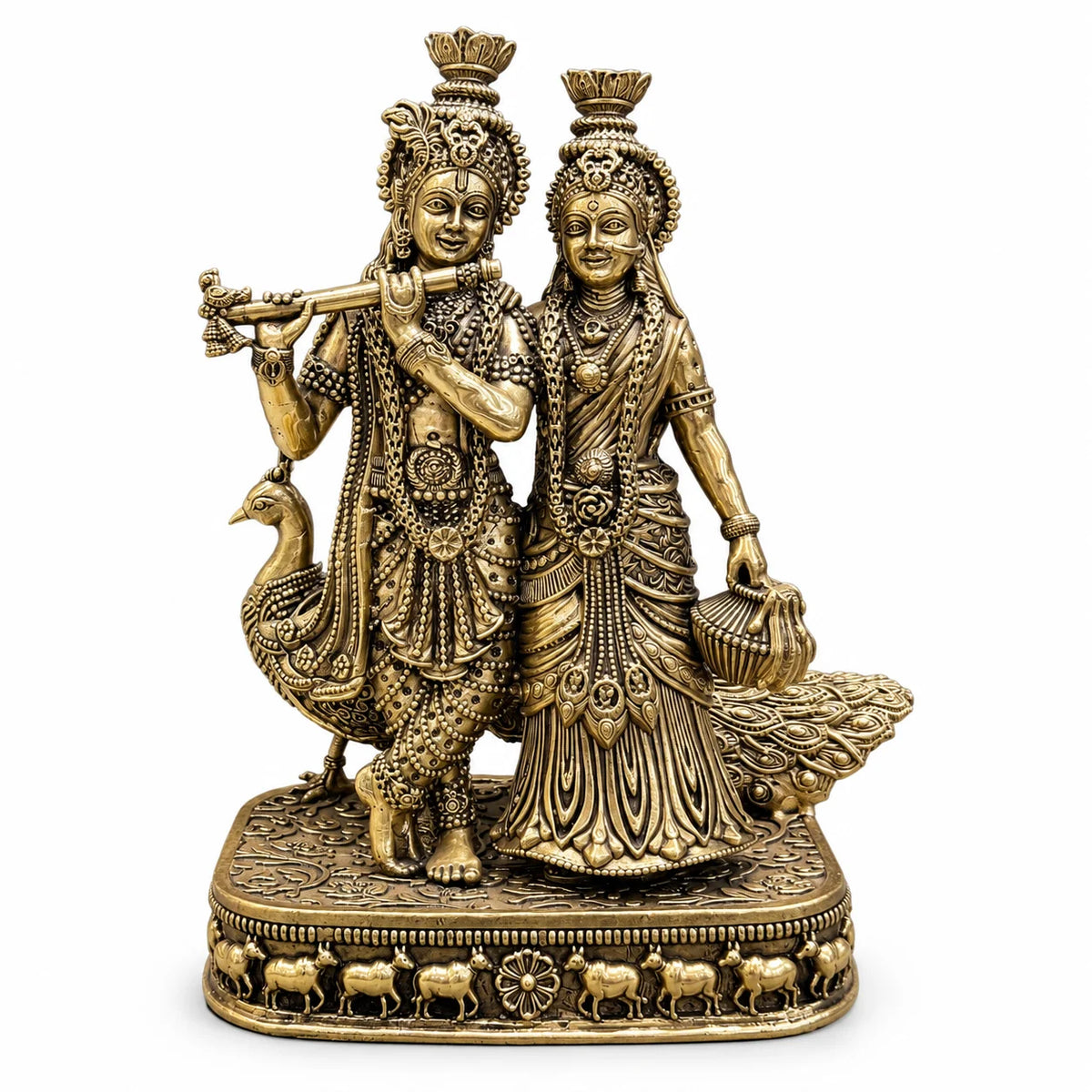 Antique Gold Radha Krishna Idol with Peacock Design Base