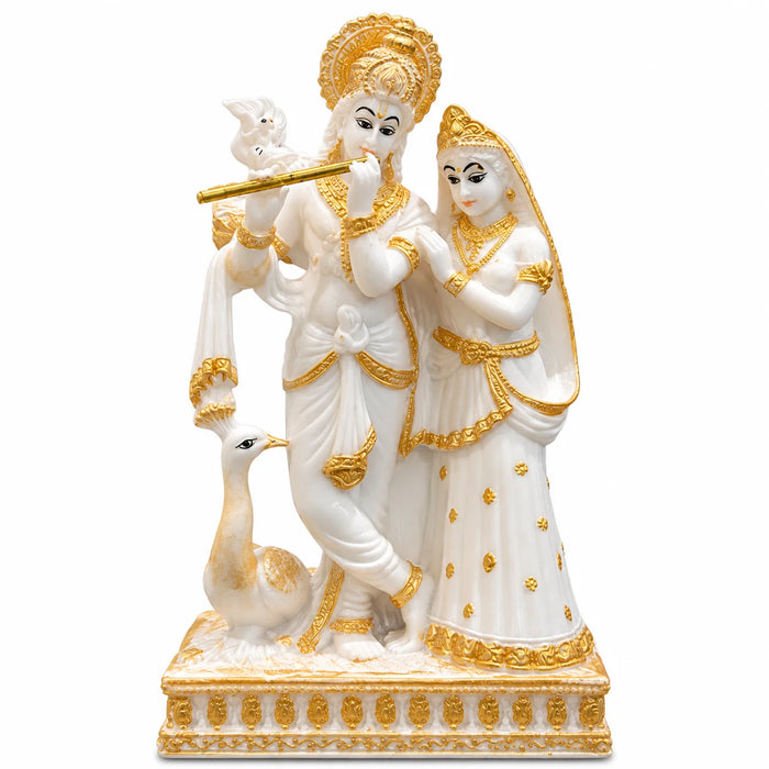 White & Gold Radha Krishna Idol with Peacock – Decorative Hindu God Idols