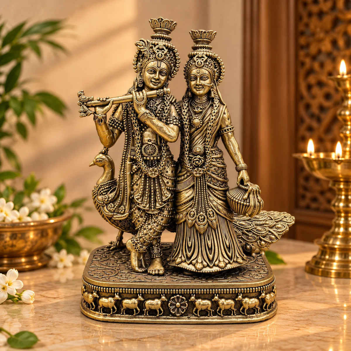Antique Gold Radha Krishna Idol with Peacock Design Base