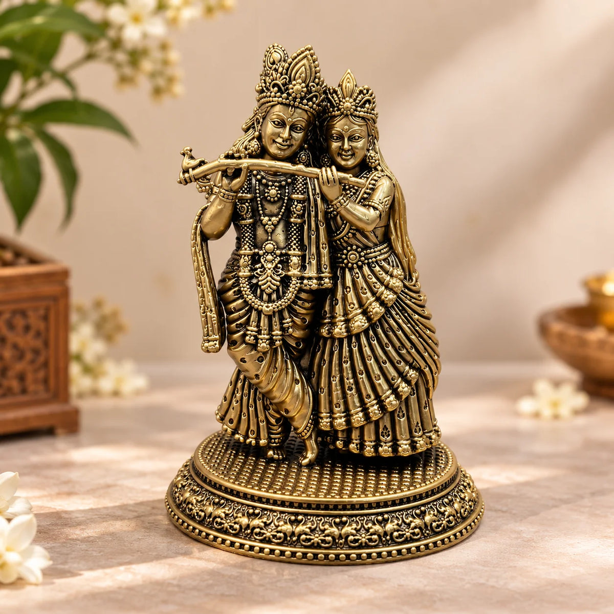 Antique Gold Radha Krishna Showpiece – Traditional Decorative Idol