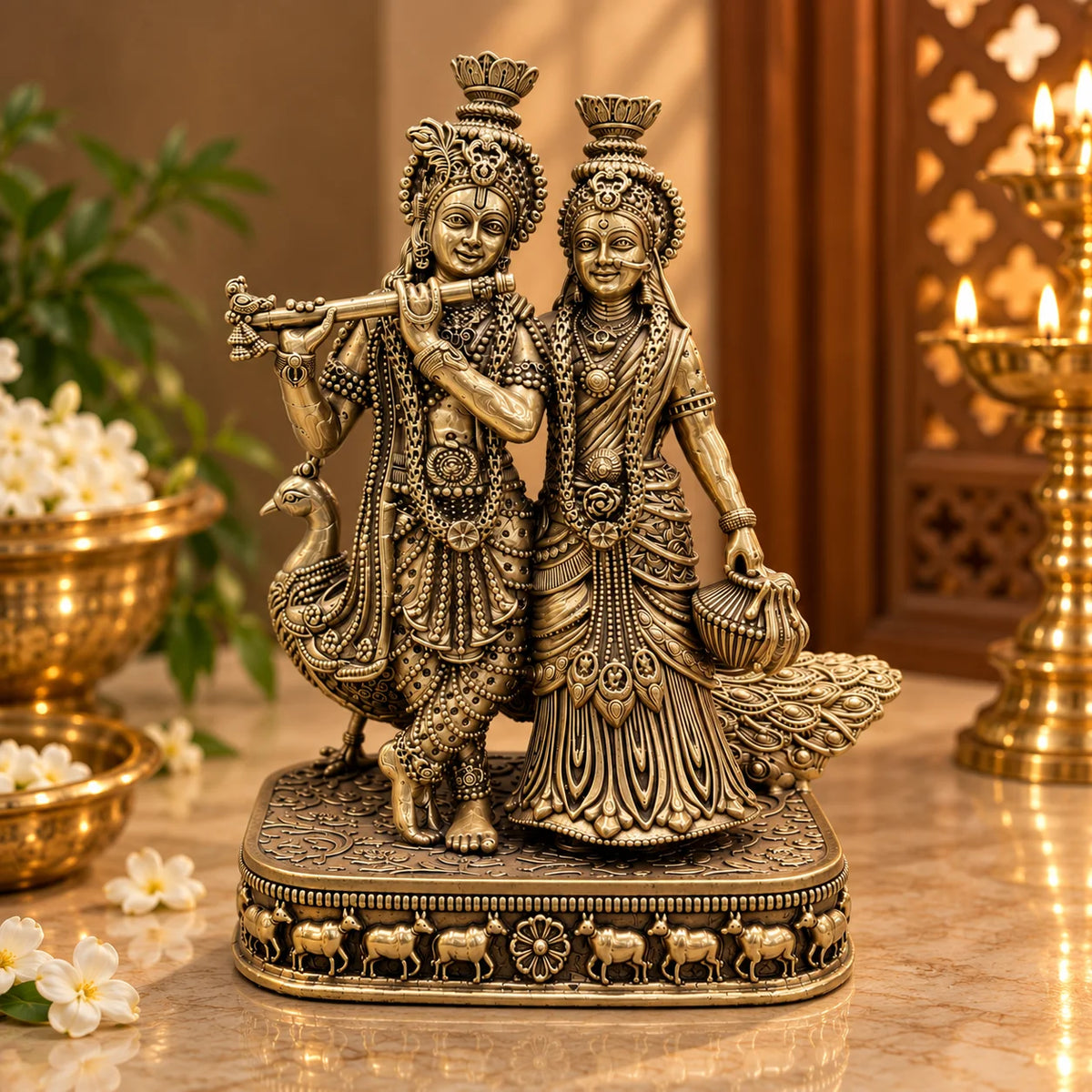 Antique Gold Radha Krishna Idol with Peacock Design Base