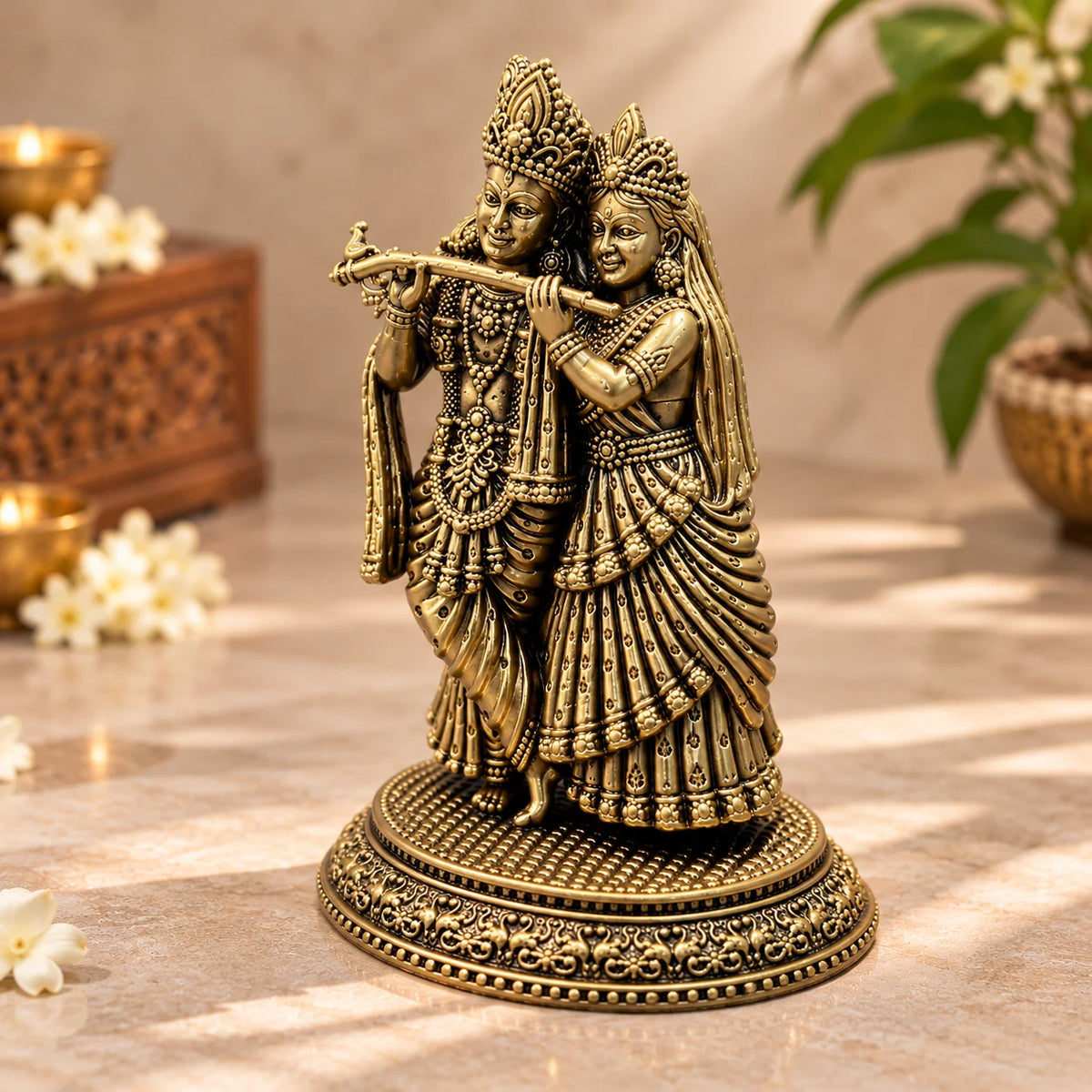 Antique Gold Radha Krishna Showpiece - Traditional Decorative Idol