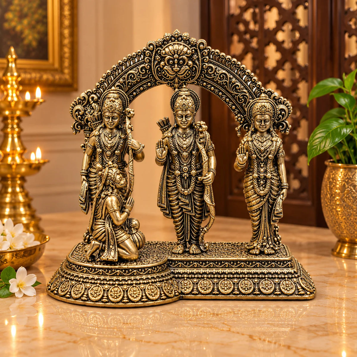 Antique Gold Ram Darbar Statue with Ornate Arch