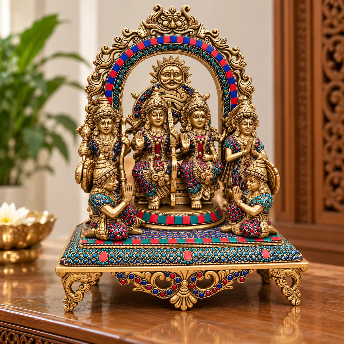 Antique Golden Ram Darbar Statue with Colourful Decorative Arch