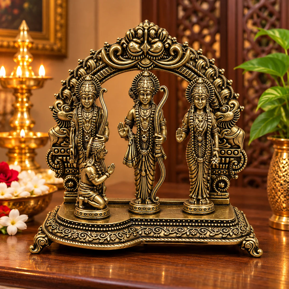 Antique Brass Ram Darbar Statue with Lord Rama, Goddess Sita, Lakshman & Hanuman