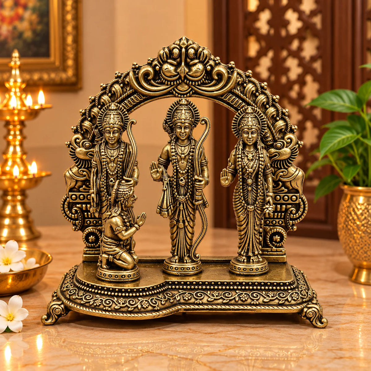 Antique Brass Ram Darbar Statue with Lord Rama, Goddess Sita, Lakshman & Hanuman