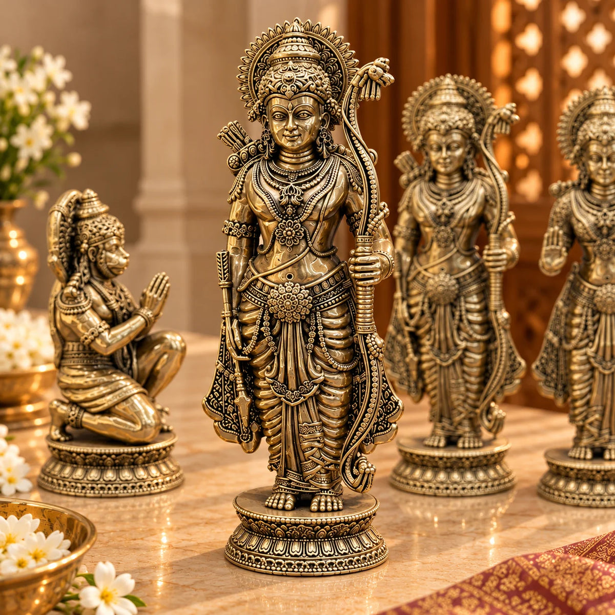 Antique Gold Ram Darbar Idol Set - Lord Ram, Sita, Lakshman and Hanuman