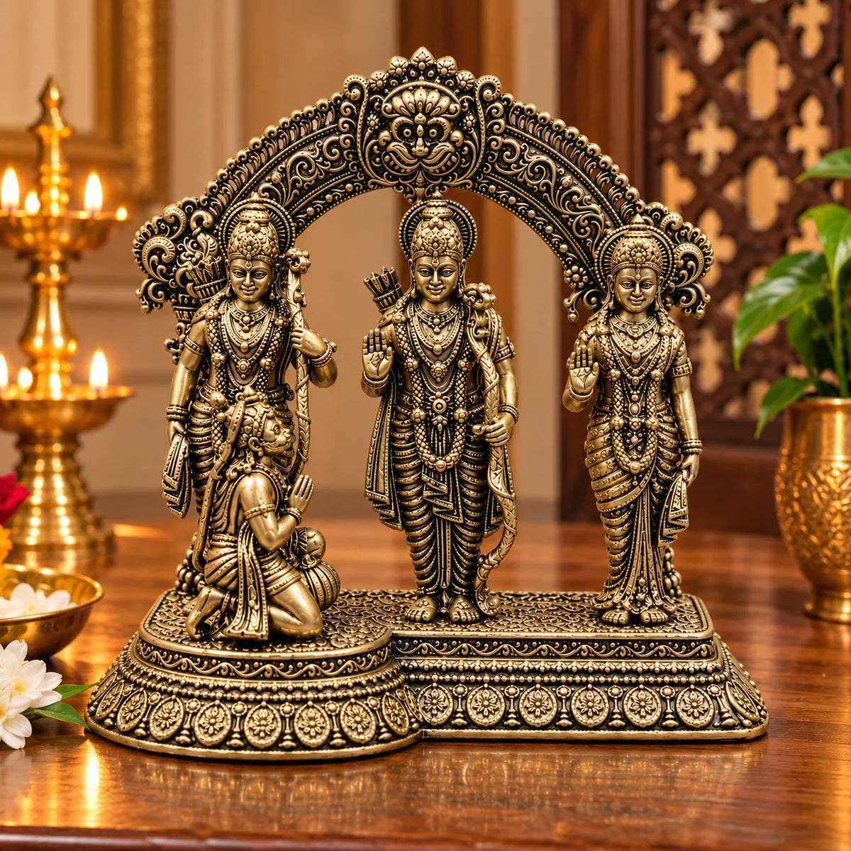 Antique Gold Ram Darbar Statue with Ornate Arch