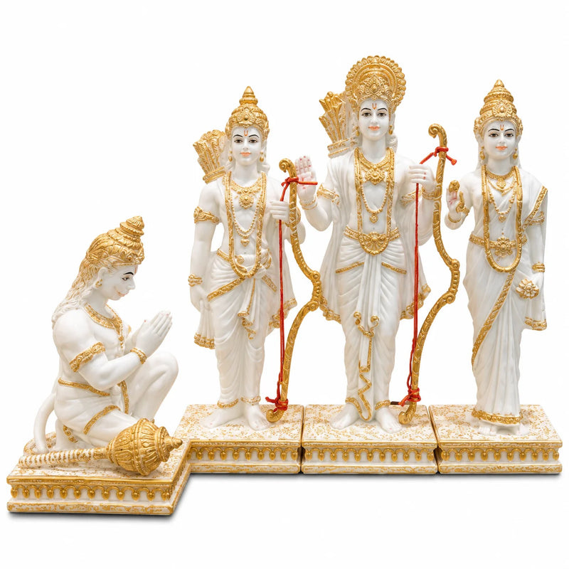White & Gold Ram Darbar Idol Set with Hanuman – Decorative Hindu God Idols