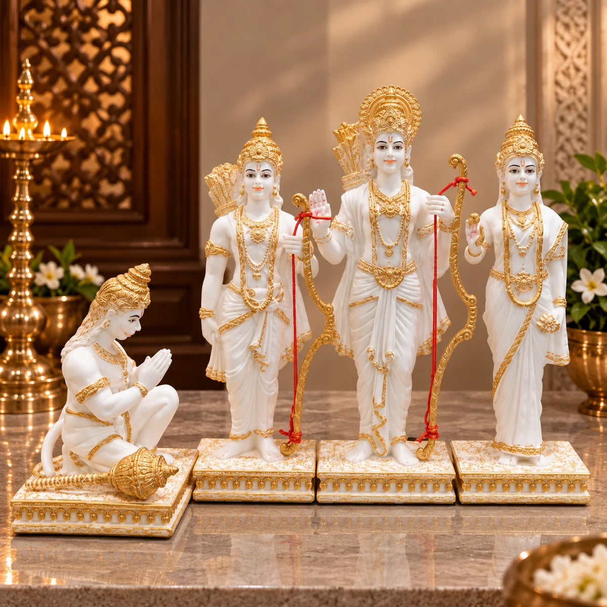 White & Gold Ram Darbar Idol Set with Hanuman - Decorative Hindu God Statues