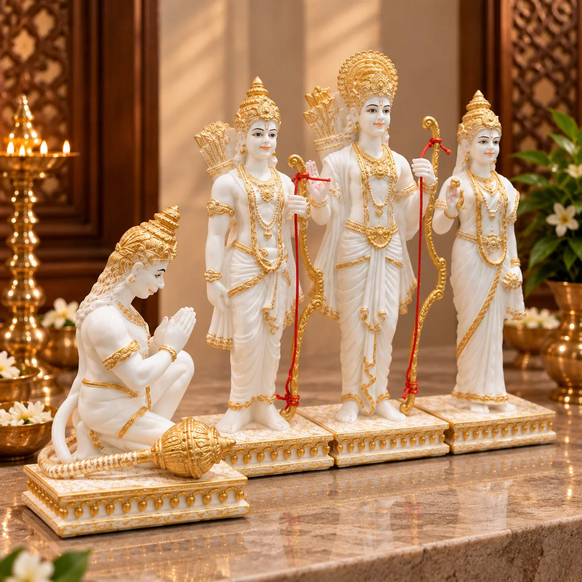White & Gold Ram Darbar Idol Set with Hanuman - Decorative Hindu God Statues