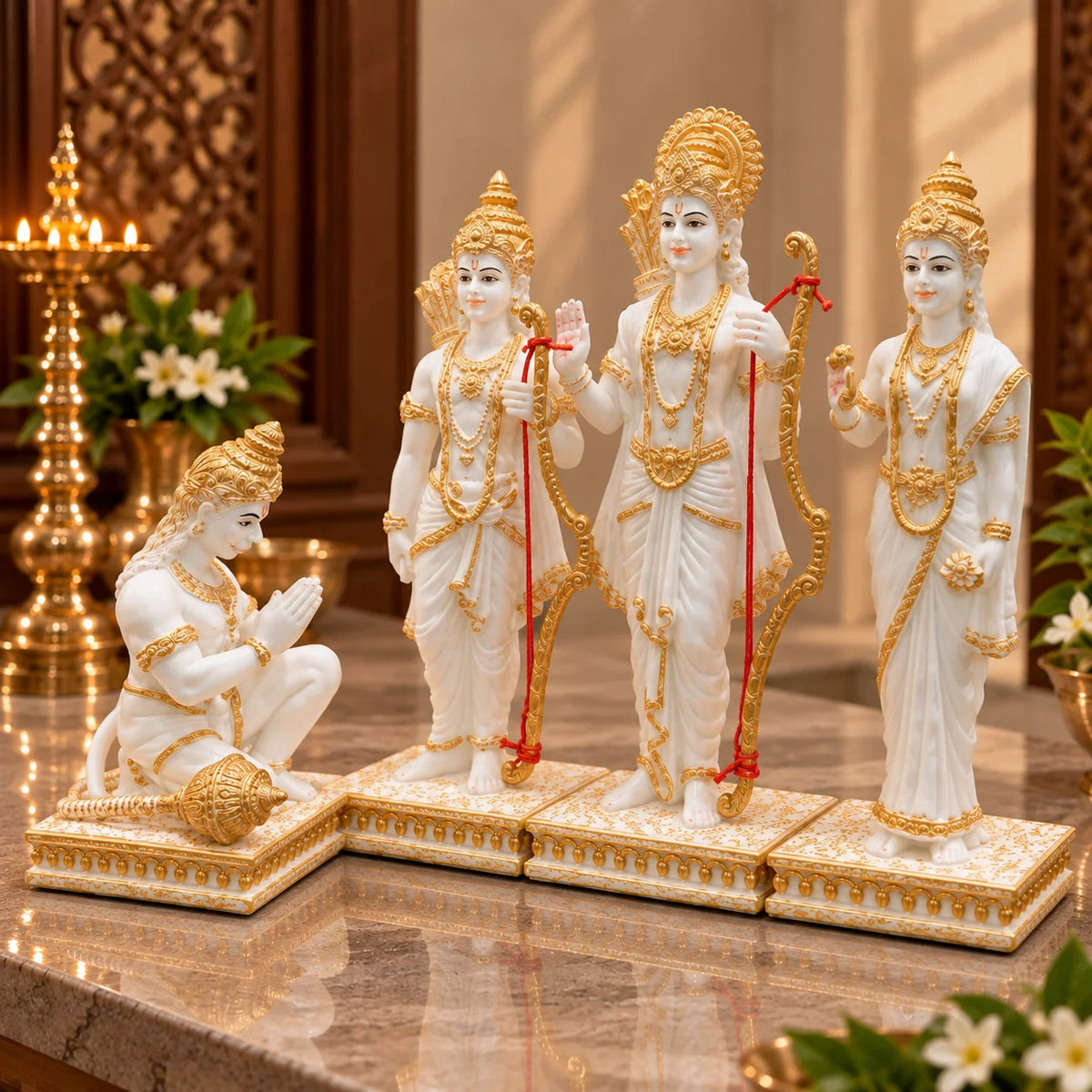 White & Gold Ram Darbar Idol Set with Hanuman - Decorative Hindu God Statues