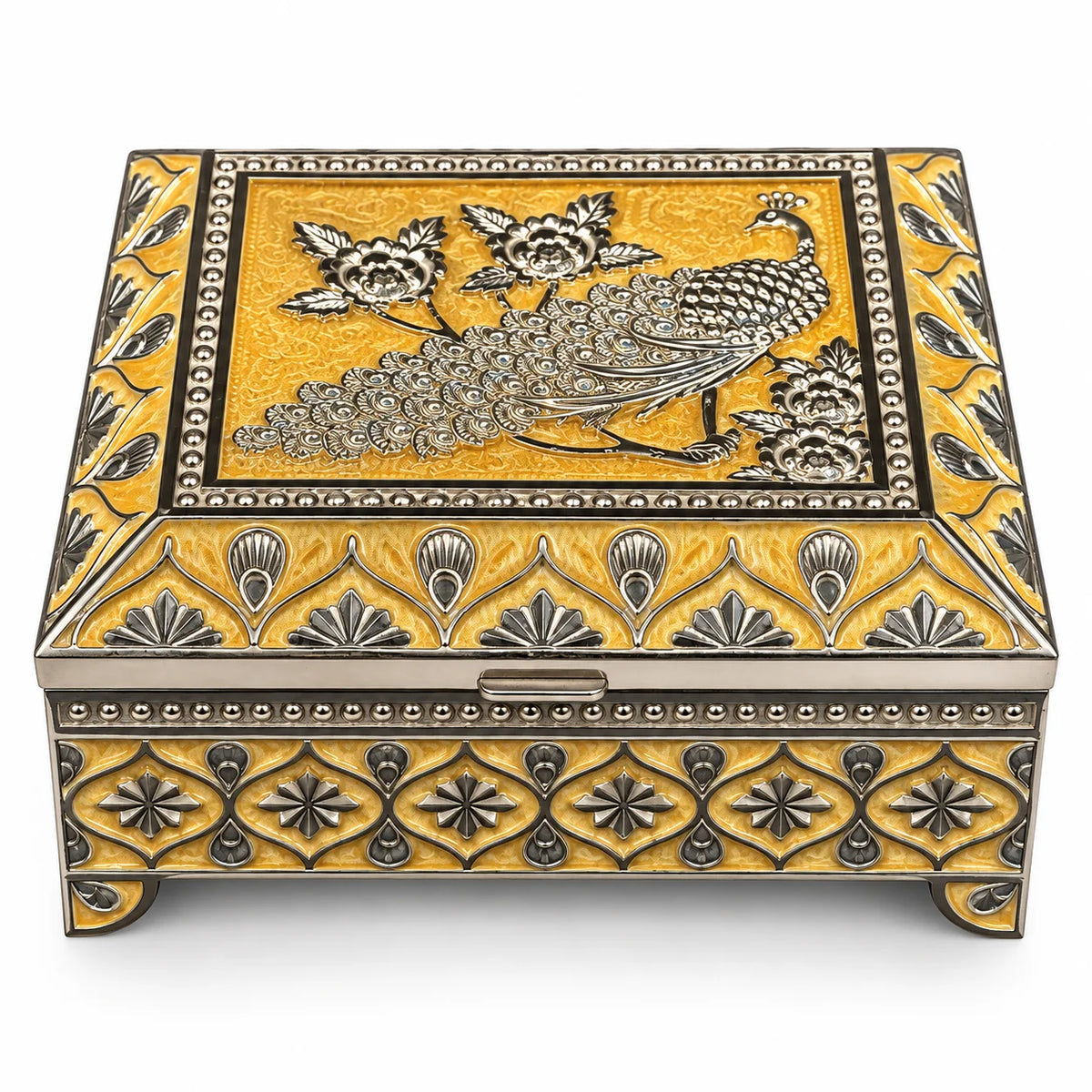 Rectangular Peacock Design Silver Keepsake Box | Traditional Decorative Storage Box
