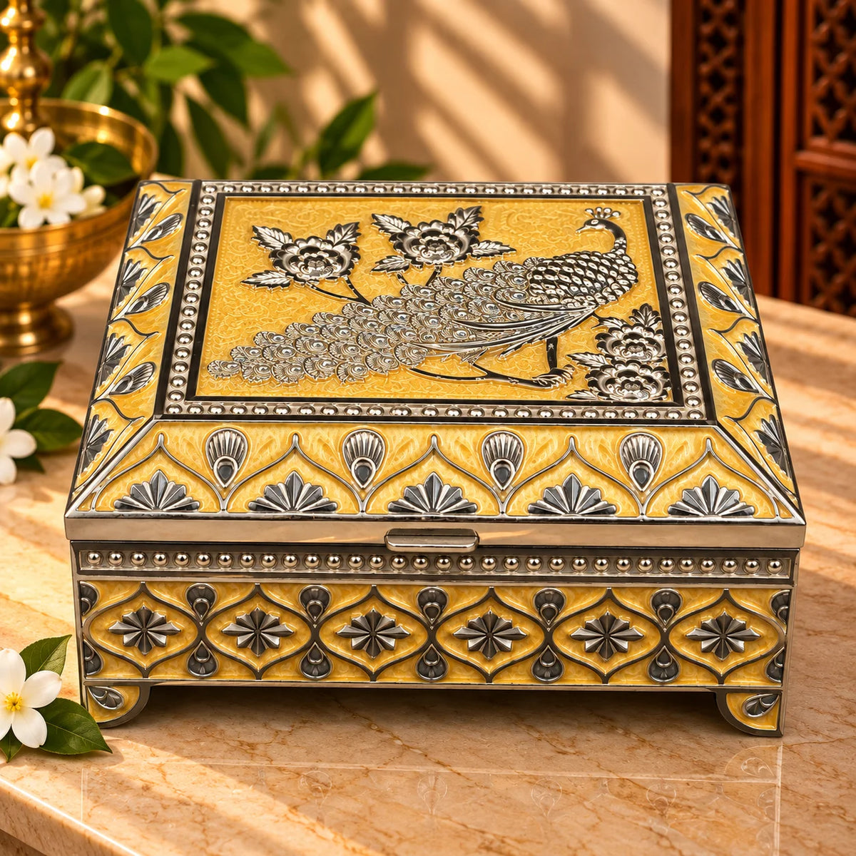 Rectangular Peacock Design Silver Keepsake Box | Traditional Decorative Storage Box