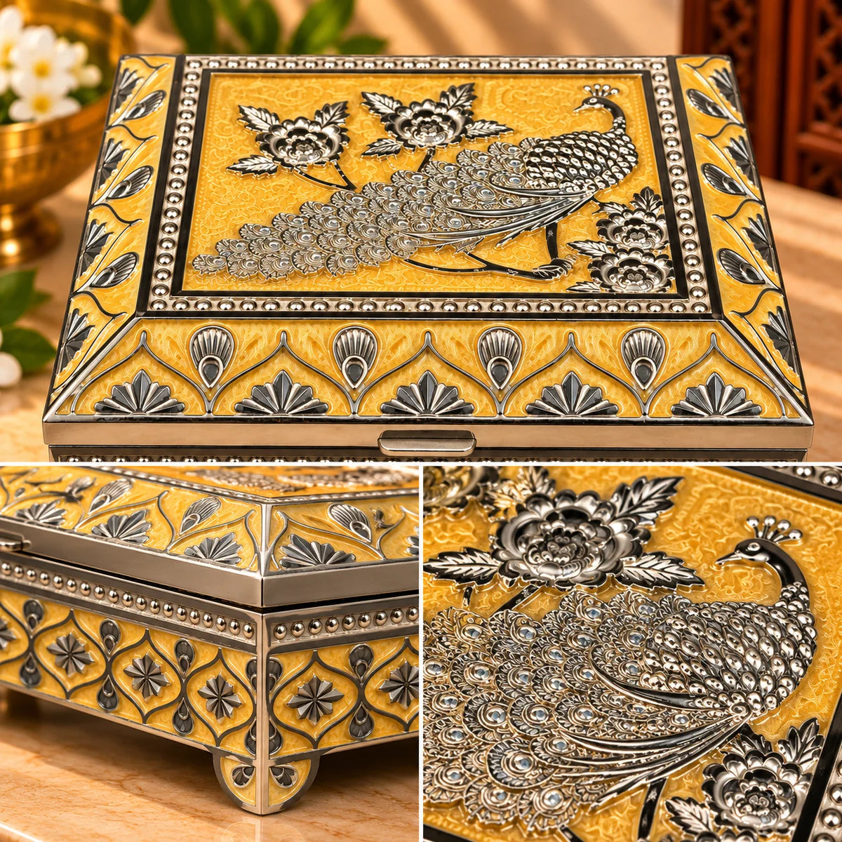 Rectangular Peacock Design Silver Keepsake Box | Traditional Decorative Storage Box