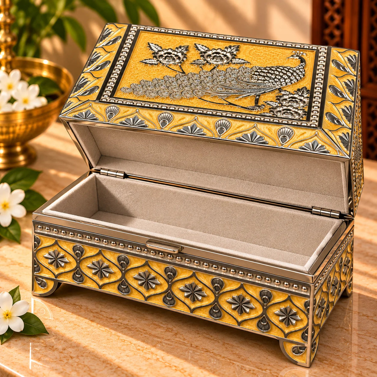 Rectangular Peacock Design Silver Keepsake Box | Traditional Decorative Storage Box