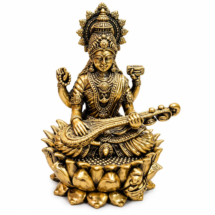 Antique Gold Maa Saraswati Idol with Veena – Traditional Home Décor