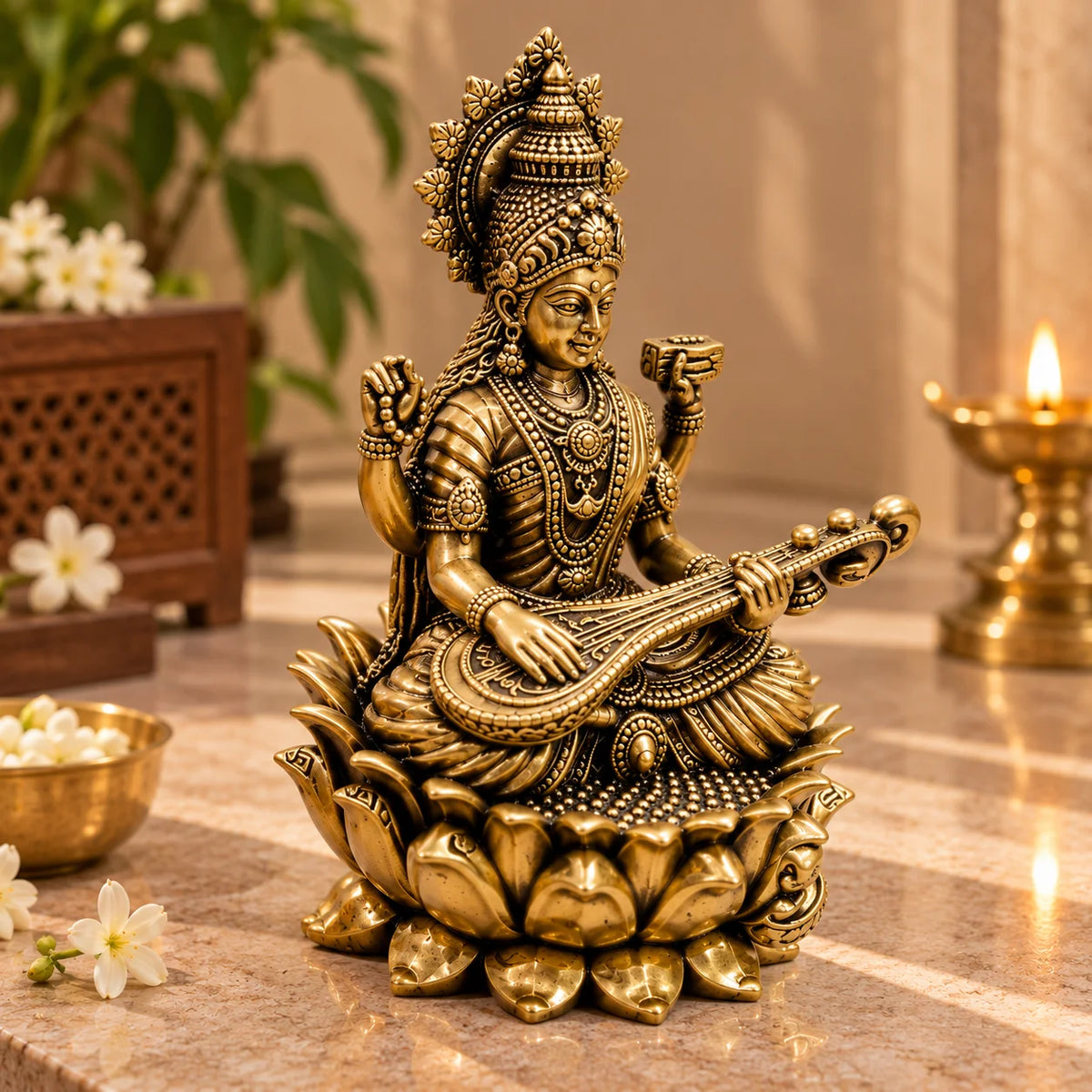 Antique Gold Maa Saraswati Idol with Veena – Traditional Home Décor
