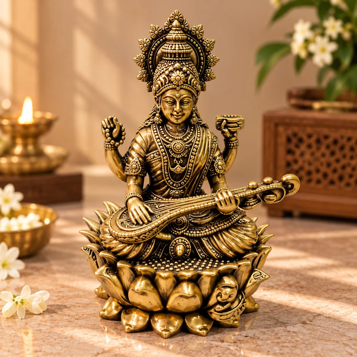 Antique Gold Maa Saraswati Idol with Veena – Traditional Home Décor