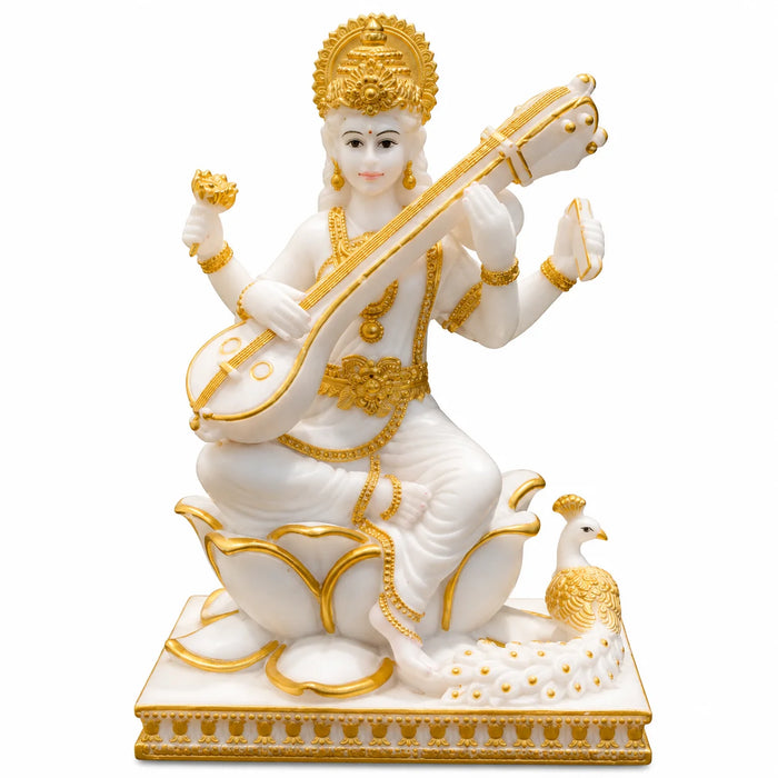 White & Gold Goddess Saraswati Idol with Veena and Peacock