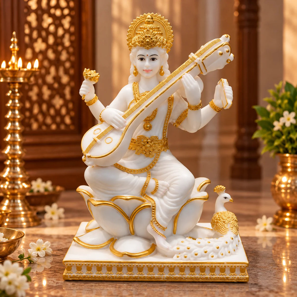 White & Gold Goddess Saraswati Idol with Veena and Peacock