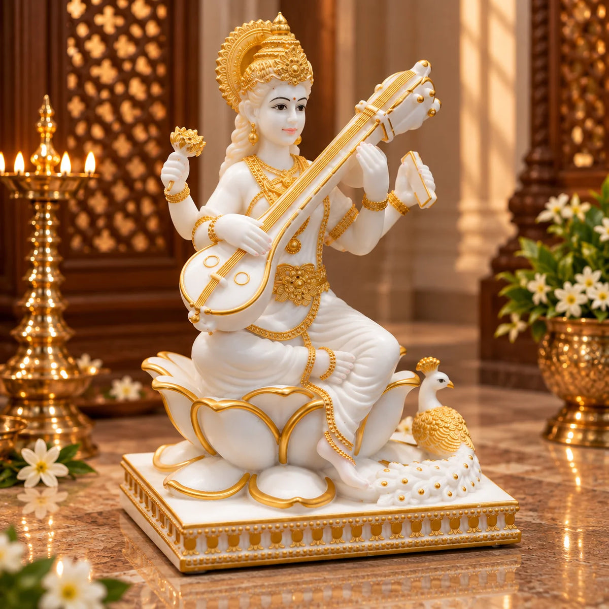 White & Gold Goddess Saraswati Idol with Veena and Peacock