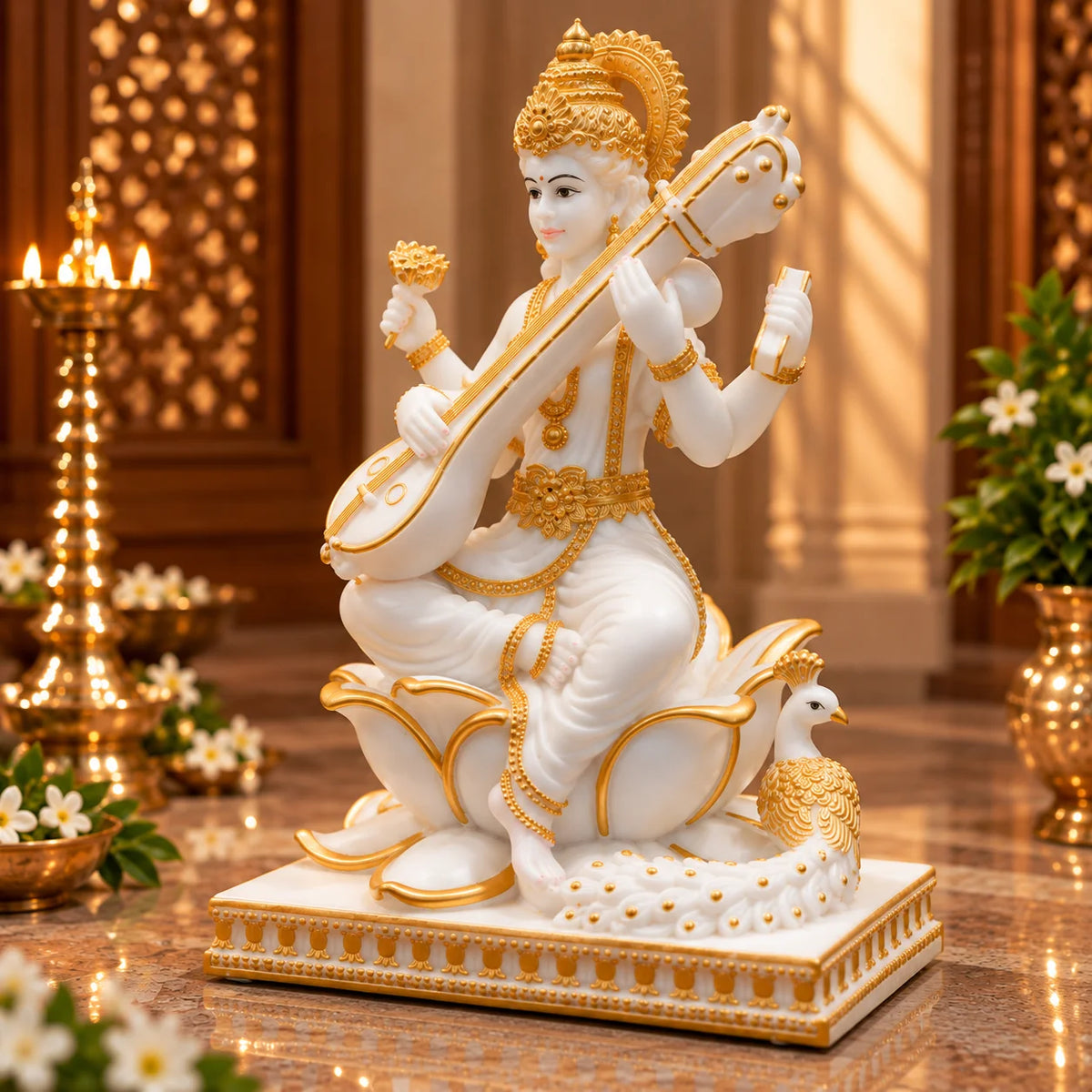 White & Gold Goddess Saraswati Idol with Veena and Peacock