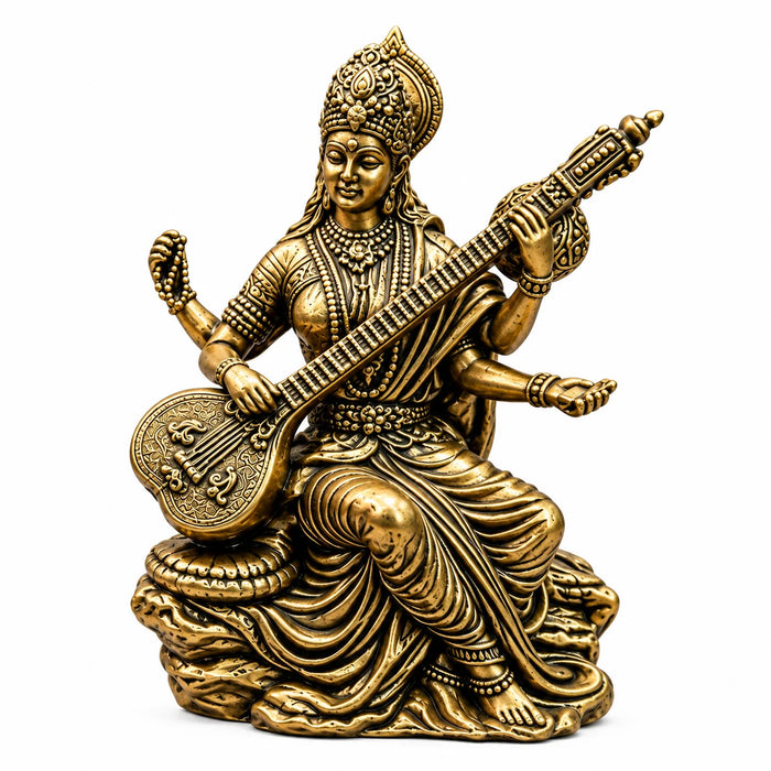 Brass Goddess Saraswati Idol with Veena - Antique Gold Finish Decorative Statue