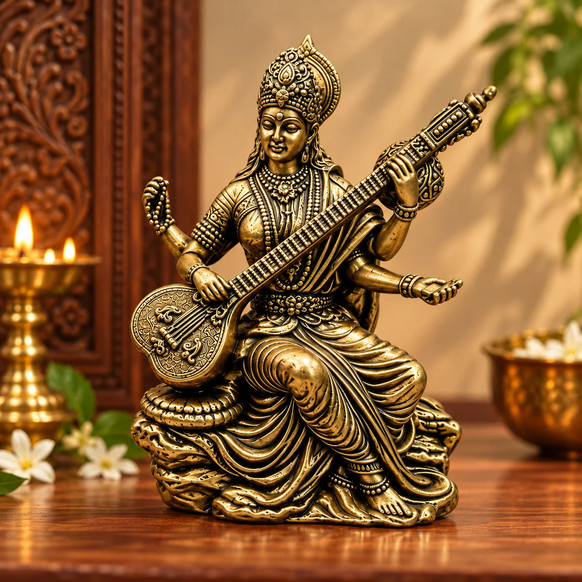 Brass Goddess Saraswati Idol with Veena - Antique Gold Finish Decorative Statue