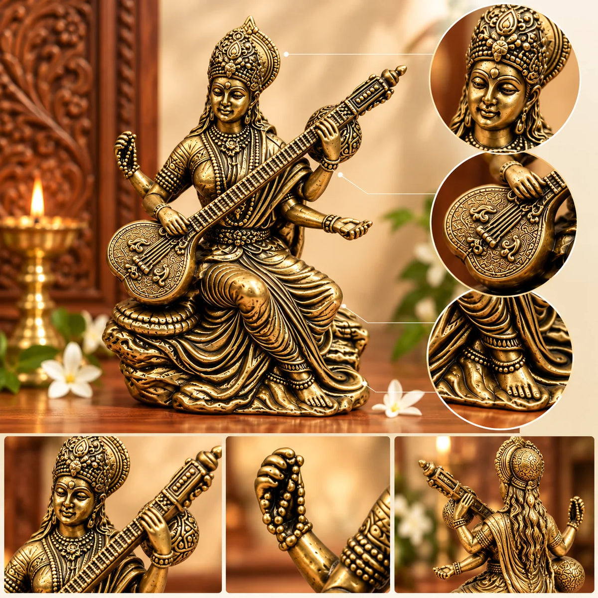 Brass Goddess Saraswati Idol with Veena - Antique Gold Finish Decorative Statue