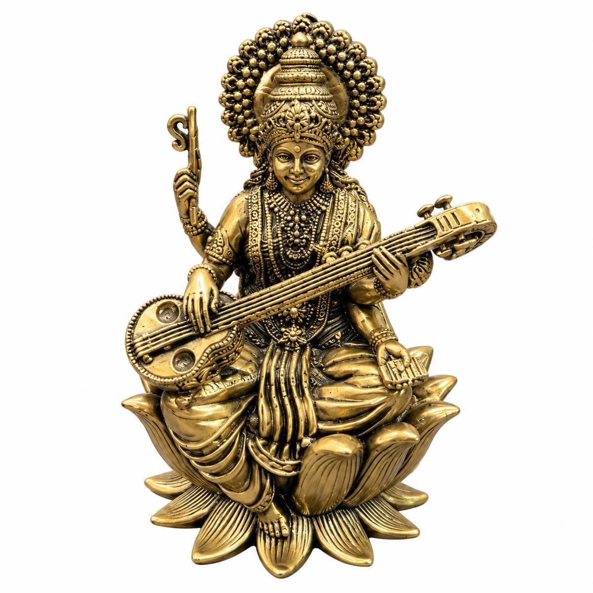 Antique Gold Maa Saraswati Idol with Veena – Lotus Base Decorative Statue
