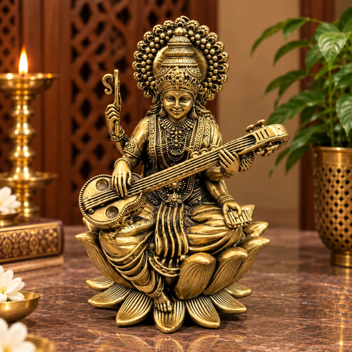 Antique Gold Maa Saraswati Idol with Veena – Lotus Base Decorative Statue