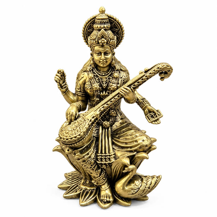 Antique Gold Maa Saraswati Idol with Veena and Swan - Traditional Decorative Statue