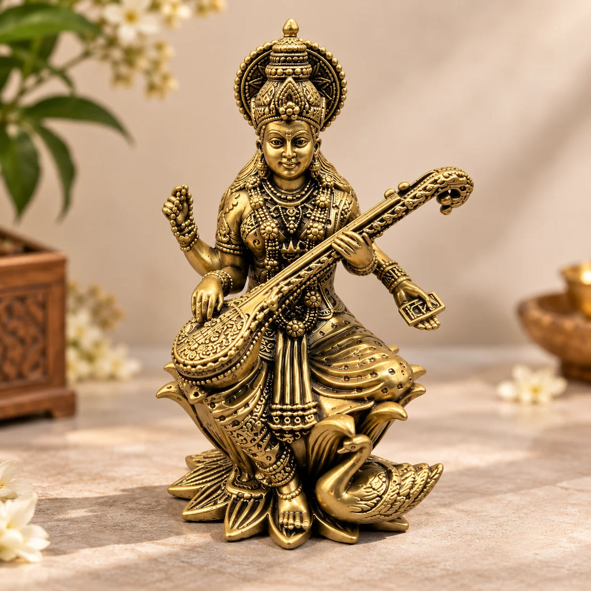 Antique Gold Maa Saraswati Idol with Veena and Swan - Traditional Decorative Statue