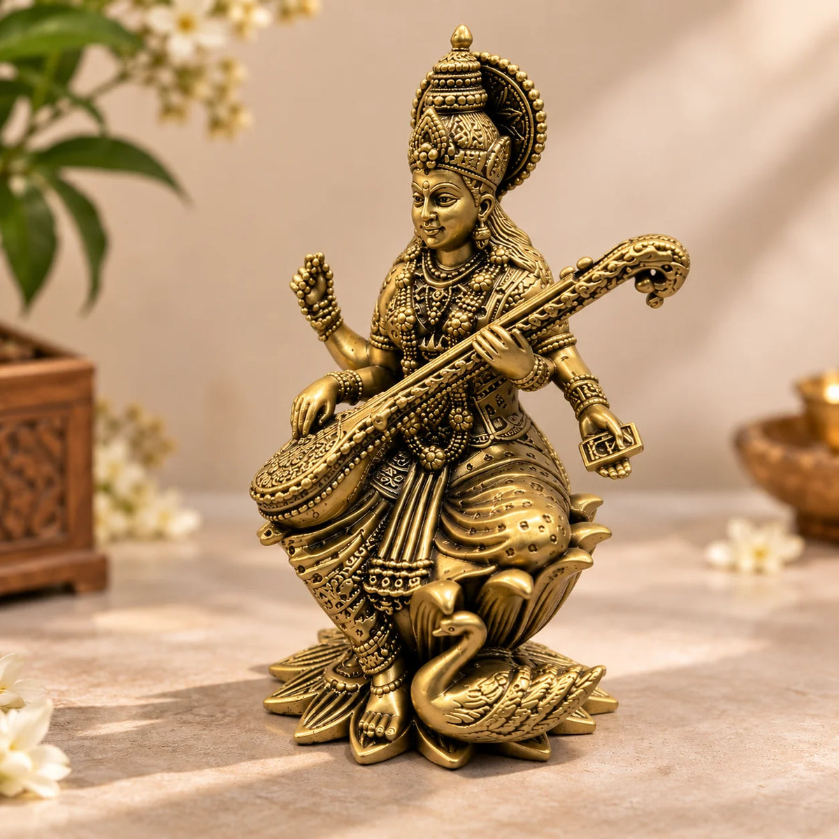 Antique Gold Maa Saraswati Idol with Veena and Swan - Traditional Decorative Statue