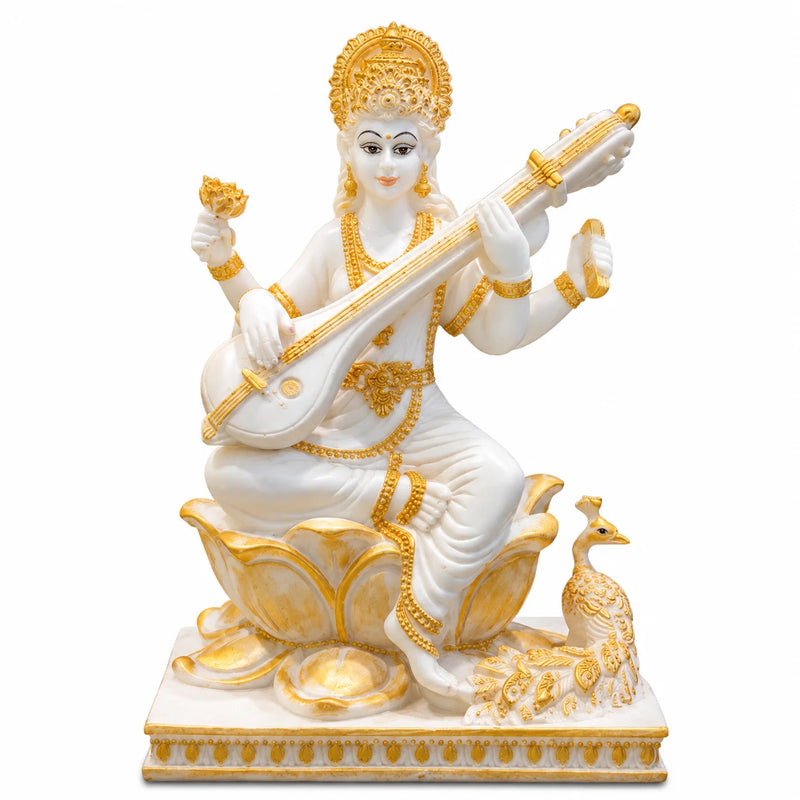 White & Gold Goddess Saraswati Idol with Veena and Peacock