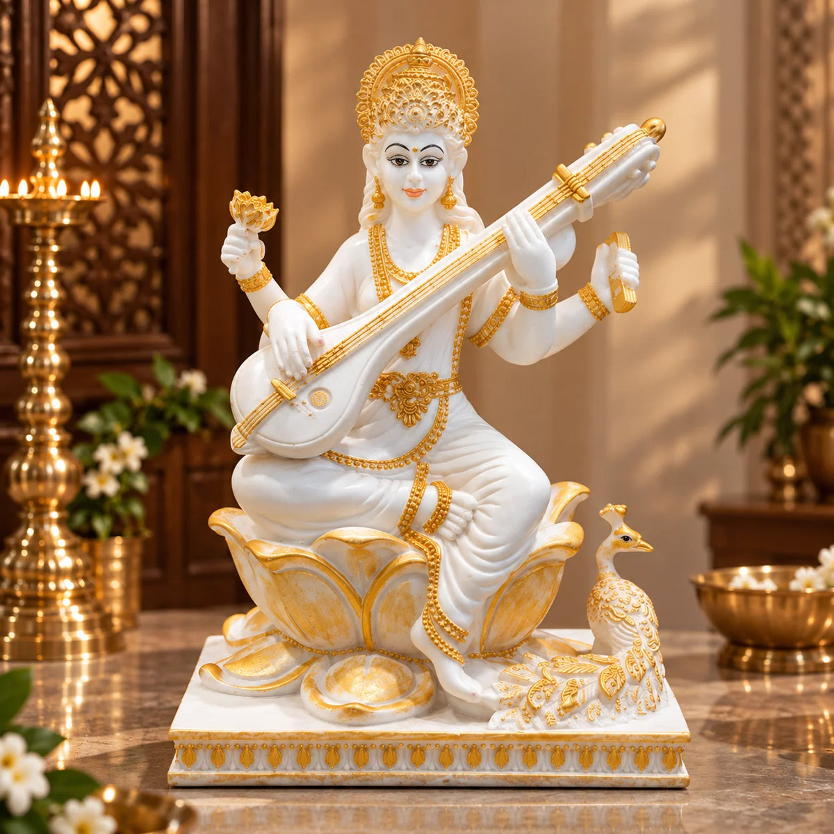 White & Gold Goddess Saraswati Idol with Veena and Peacock