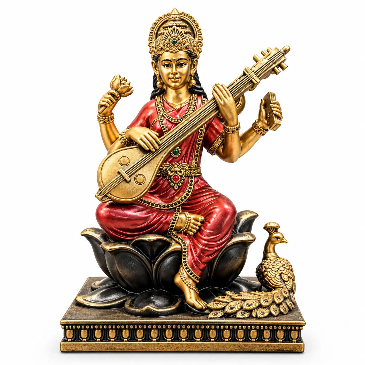 Antique Golden Goddess Saraswati Statue with Veena and Red Saree