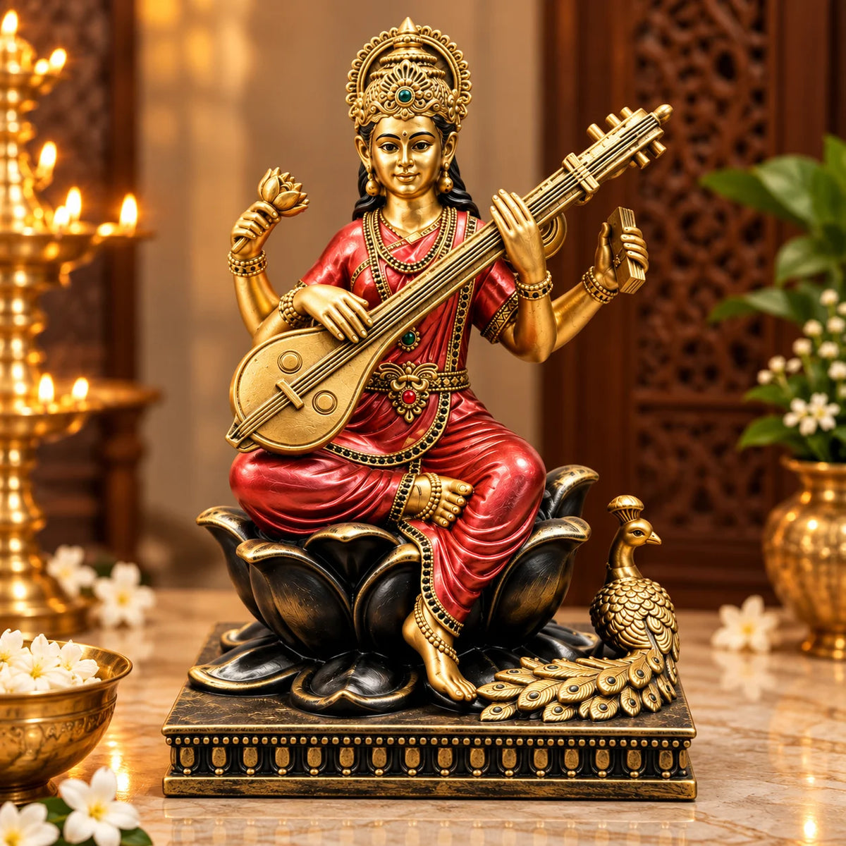 Antique Golden Goddess Saraswati Statue with Veena and Red Saree