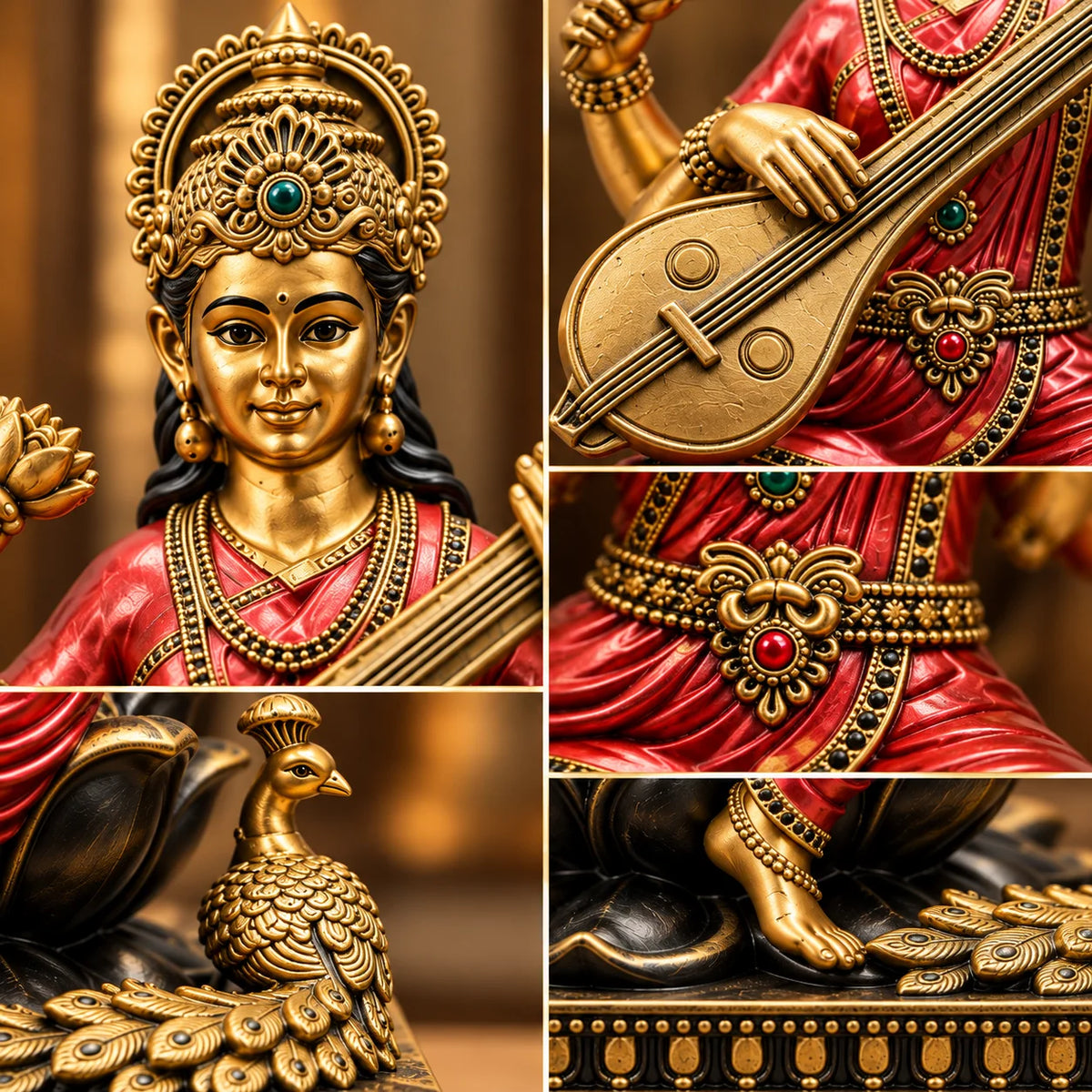 Antique Golden Goddess Saraswati Statue with Veena and Red Saree
