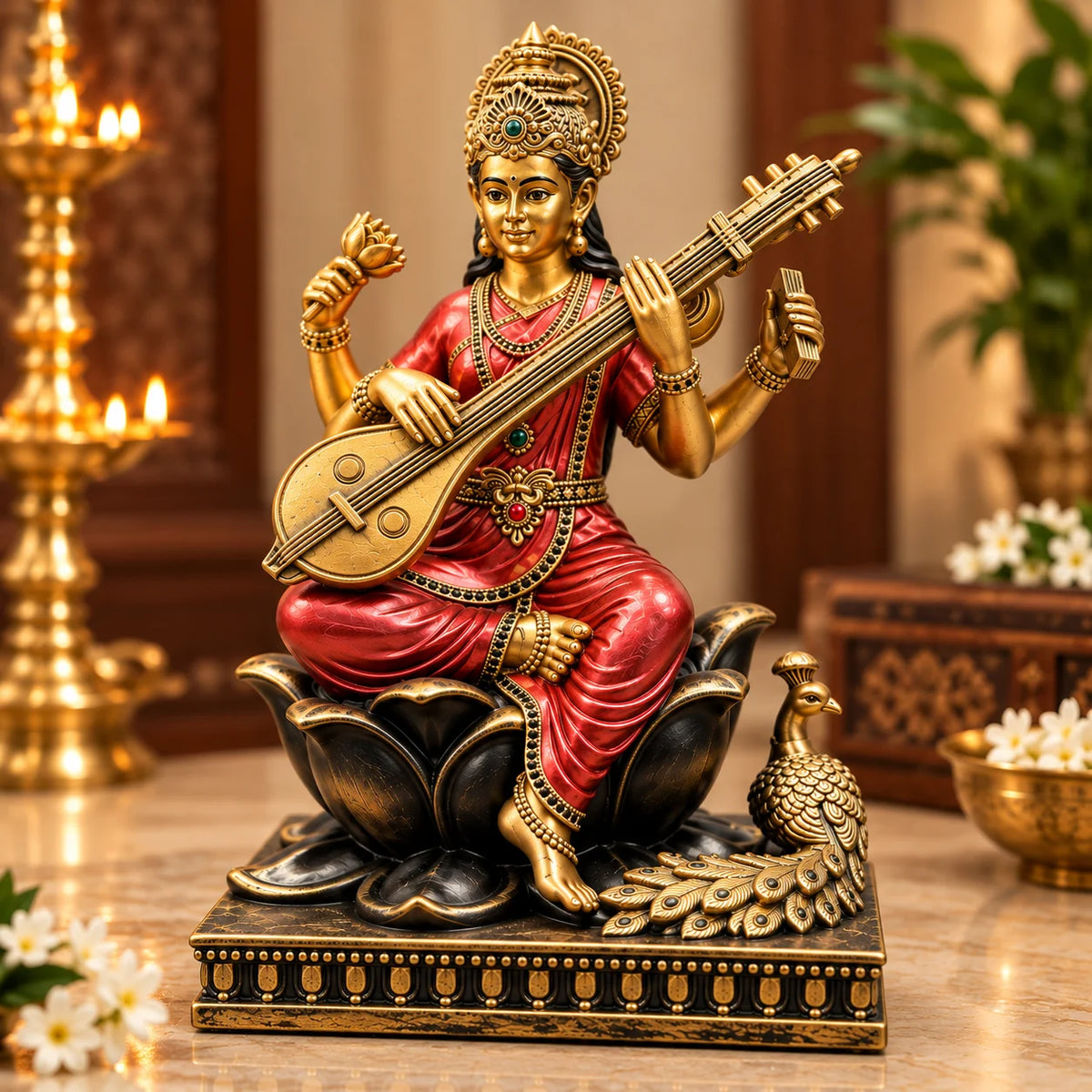 Antique Golden Goddess Saraswati Statue with Veena and Red Saree