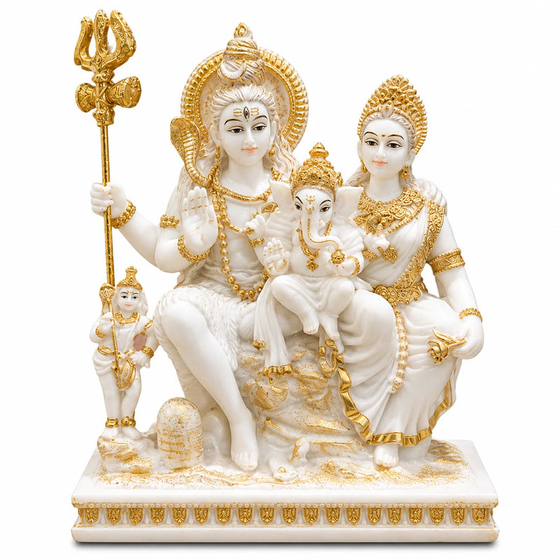White & Gold Shiv Parivar Idol with Lord Shiva, Goddess Parvati and Lord Ganesha
