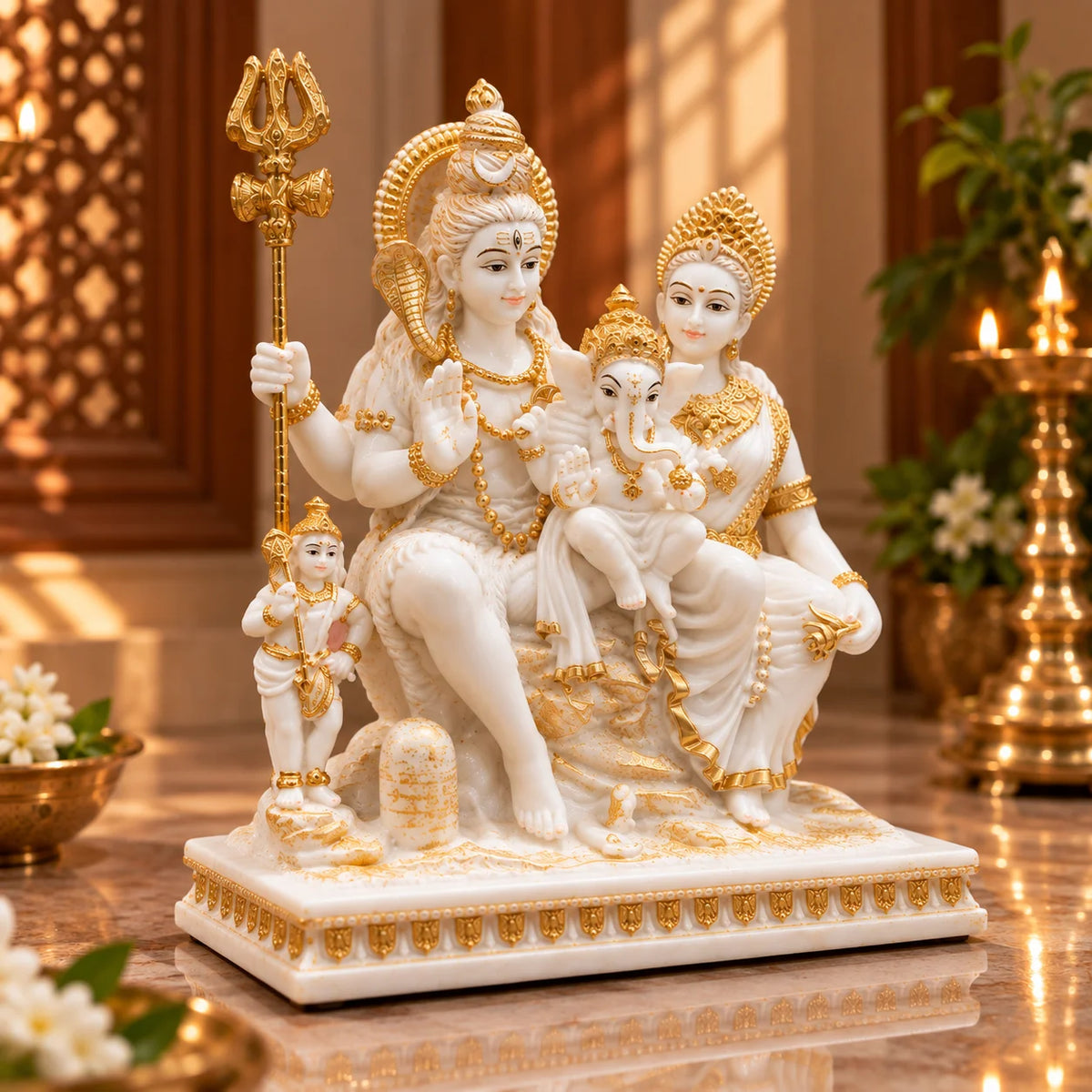 White & Gold Shiv Parivar Idol with Lord Shiva, Goddess Parvati and Lord Ganesha