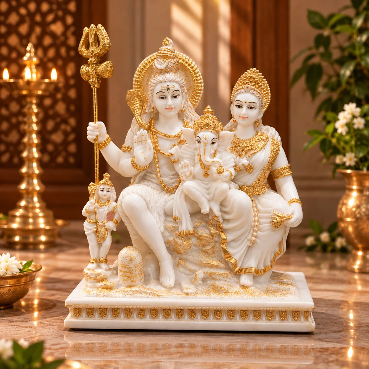 White & Gold Shiv Parivar Idol with Lord Shiva, Goddess Parvati and Lord Ganesha
