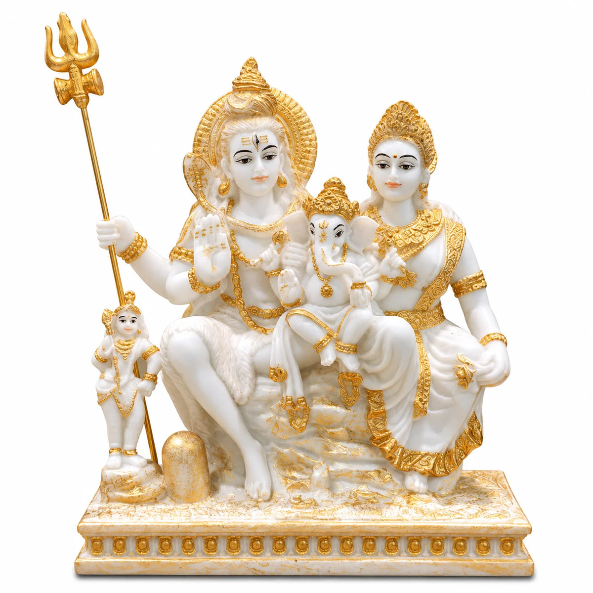 White & Gold Shiv Parivar Idol with Lord Shiva, Goddess Parvati and Lord Ganesha