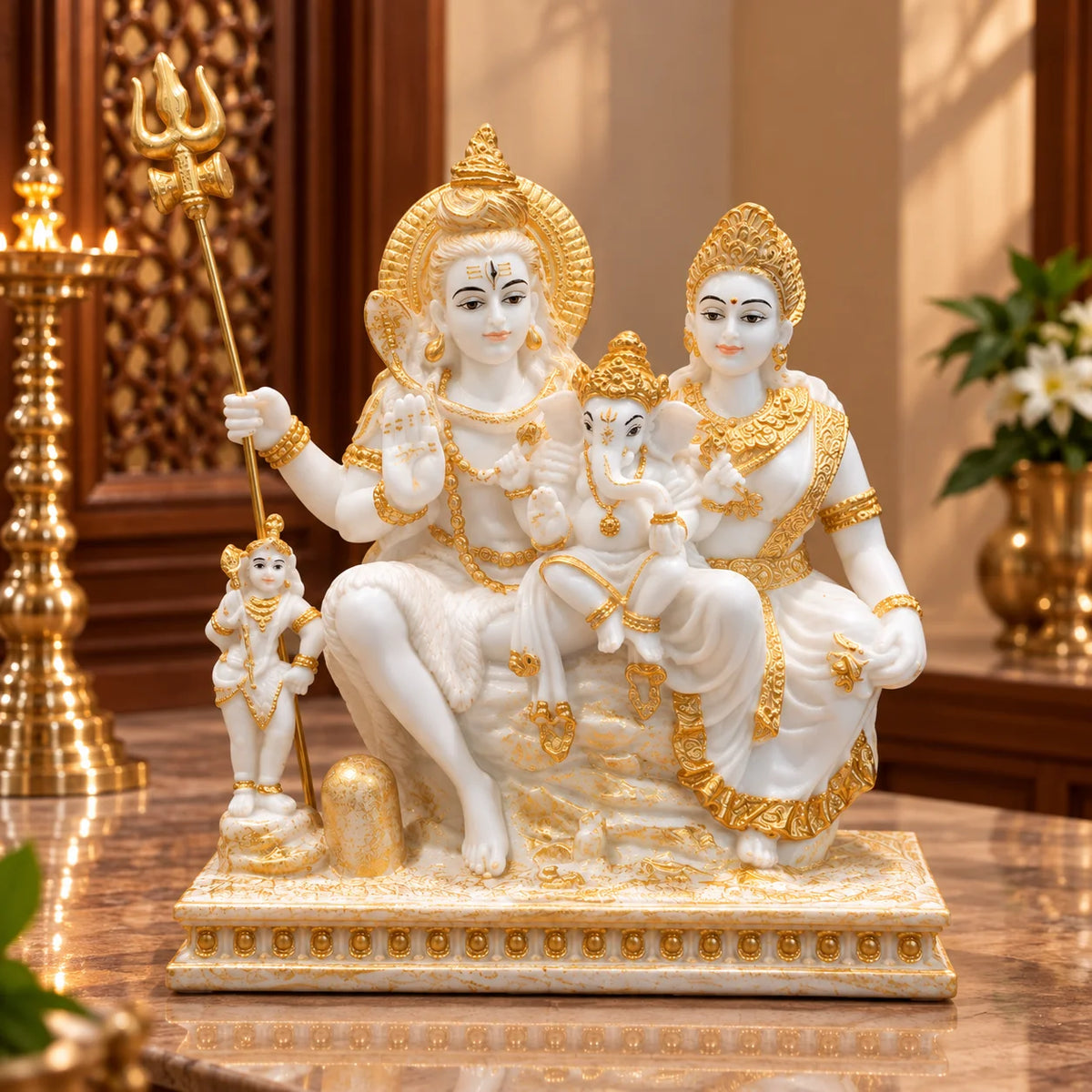 White & Gold Shiv Parivar Idol with Lord Shiva, Goddess Parvati and Lord Ganesha